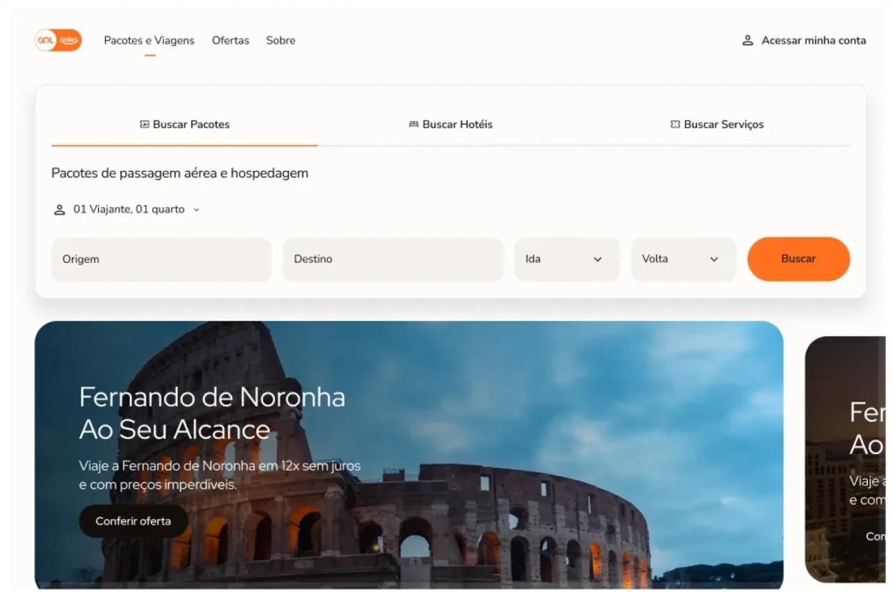 Página inicial da Smiles Viagens com a busca de pacotes