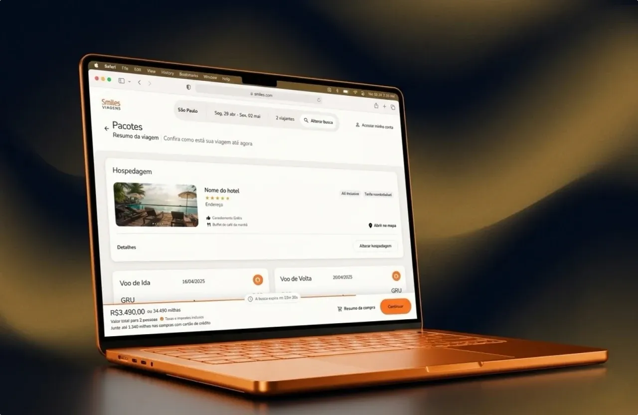 Fluxo de compra da Smiles Viagens em um notebook
